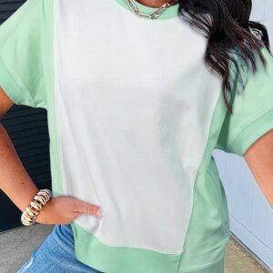 Light Green Color Block Exposed Seam Crew Neck T Shirt
