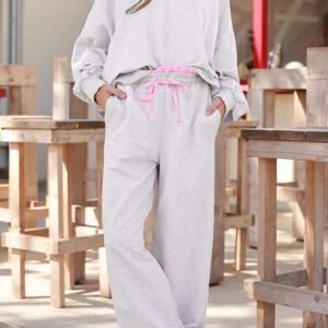 Light Grey 2Pcs Contrasted Trim Frilled Collar Drop Shoulder Pullover Drawstring Pant Set
