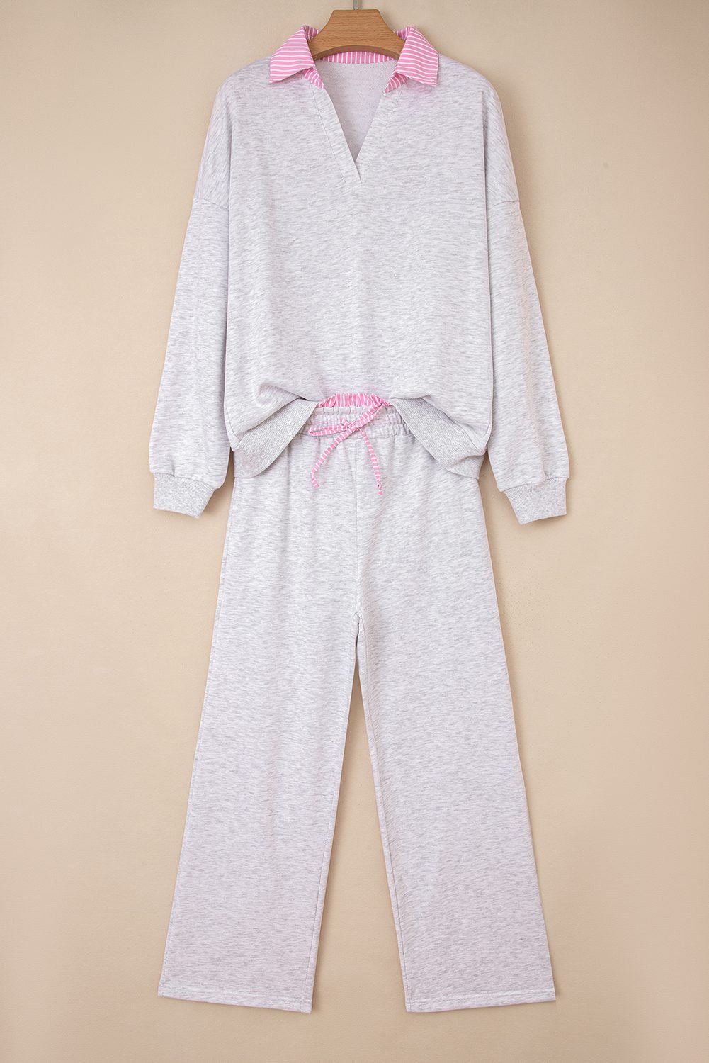 Light Grey 2Pcs Contrasted Trim Frilled Collar Drop Shoulder Pullover Drawstring Pant Set