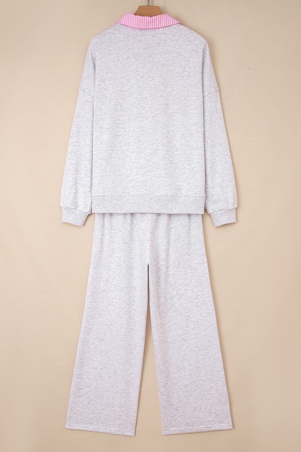 Light Grey 2Pcs Contrasted Trim Frilled Collar Drop Shoulder Pullover Drawstring Pant Set