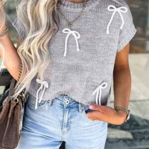 Light Grey Bowknot Applique Cap Sleeve Sweater