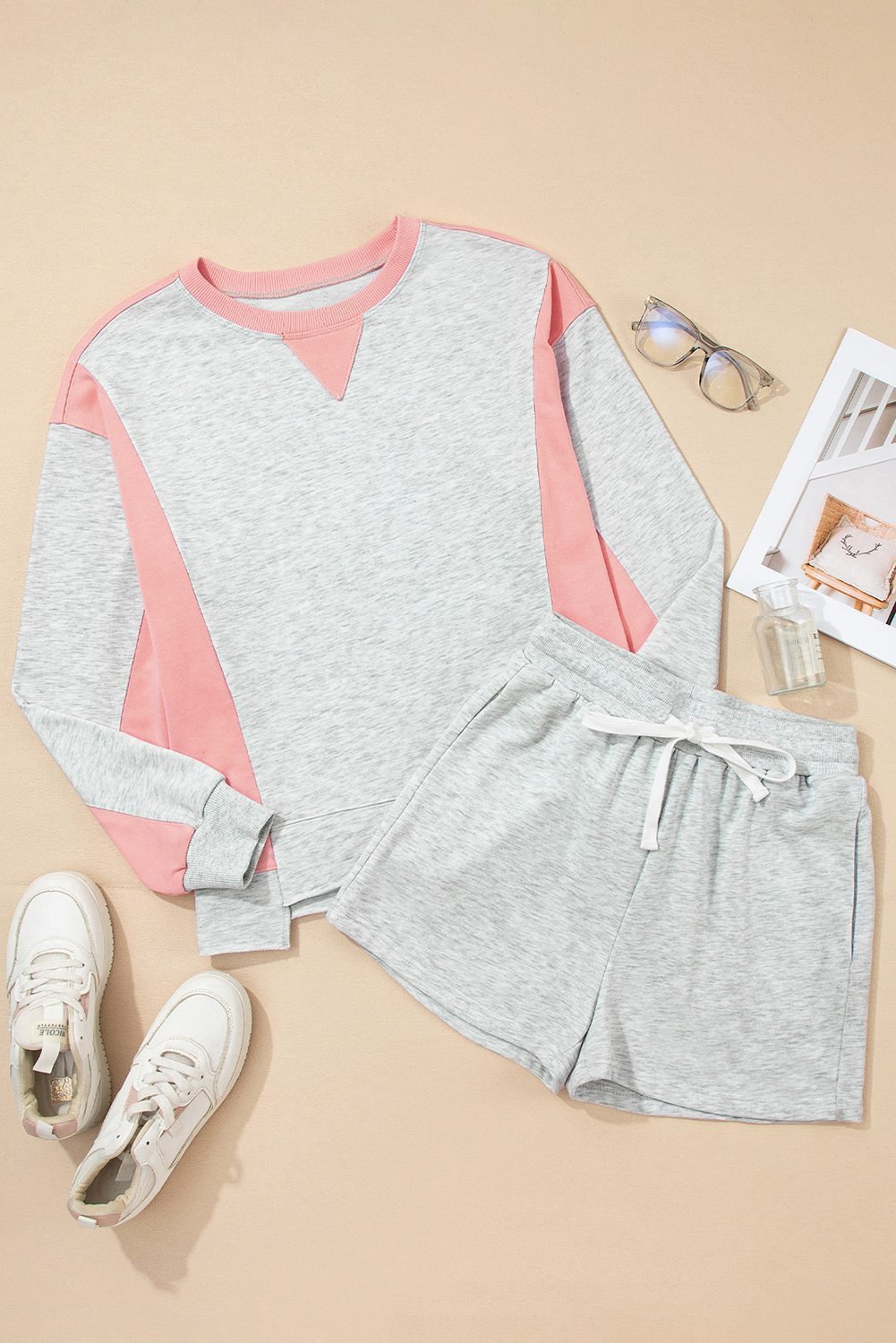 Light Grey Color Block Raw Hem Pullover And Casual Shorts Set
