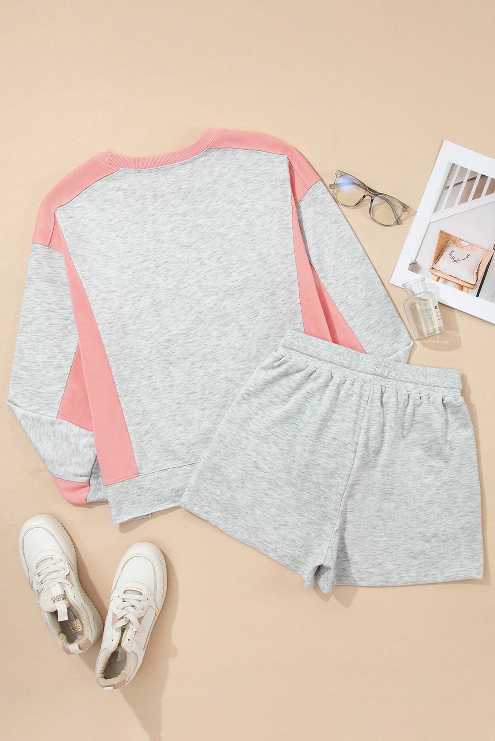 Light Grey Color Block Raw Hem Pullover And Casual Shorts Set