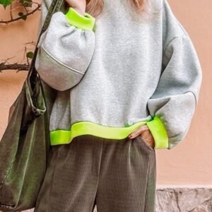 Light Grey Contrast Color Banding Patchwork Puff Sleeve Loose Sweatshirt