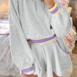 Light Grey Contrast Striped Bands Cropped Pullover And Athletic Short Set