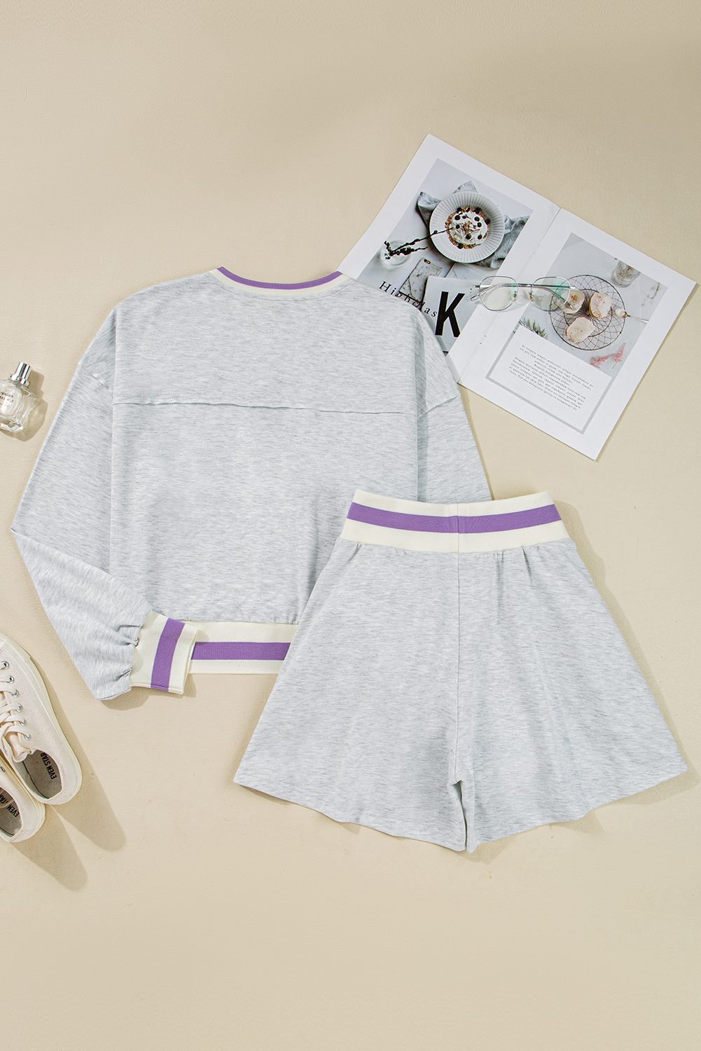 Light Grey Contrast Striped Bands Cropped Pullover And Athletic Short Set