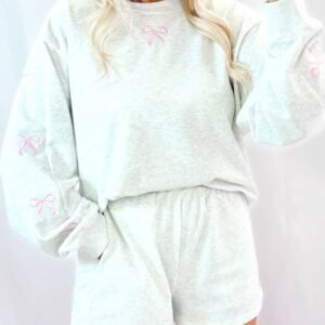 Light Grey Girly Bow Embroidered Detail Puff Sleeve Pullover 2Pcs Short Set