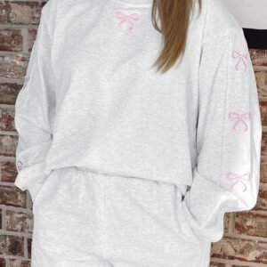 Light Grey Girly Bow Embroidered Puff Sleeve Pullover Loose Shorts Plus 2Pcs Outfit