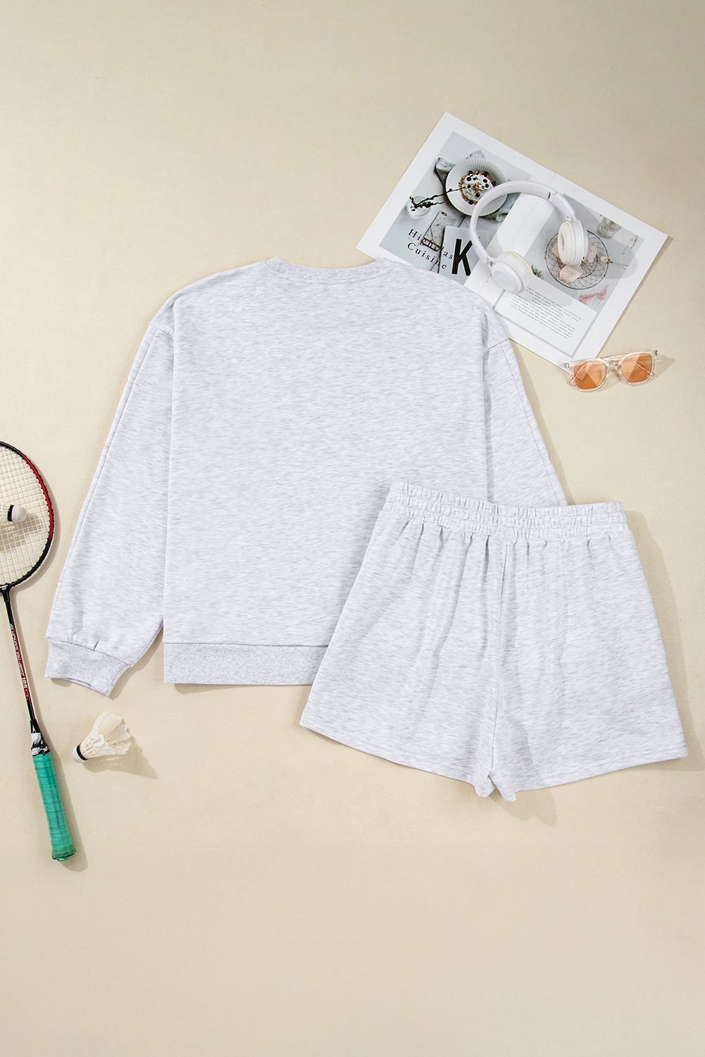 Light Grey Girly Bow Embroidered Puff Sleeve Pullover Loose Shorts Plus 2Pcs Outfit