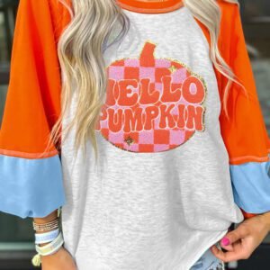 Light Grey Hello Pumpkin Patched Graphic Colorblock Bubble Sleeve Raglan Top