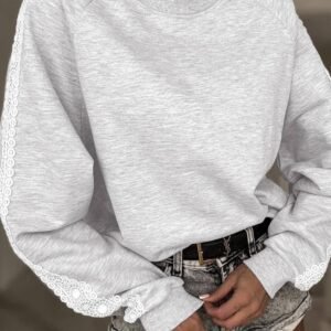 Light Grey Lace Patchwork Raglan Sleeve Crew Neck Sweatshirt