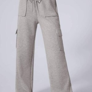 Light Grey Multi Pockets Lace-Up High Waist Wide Leg Workout Pants