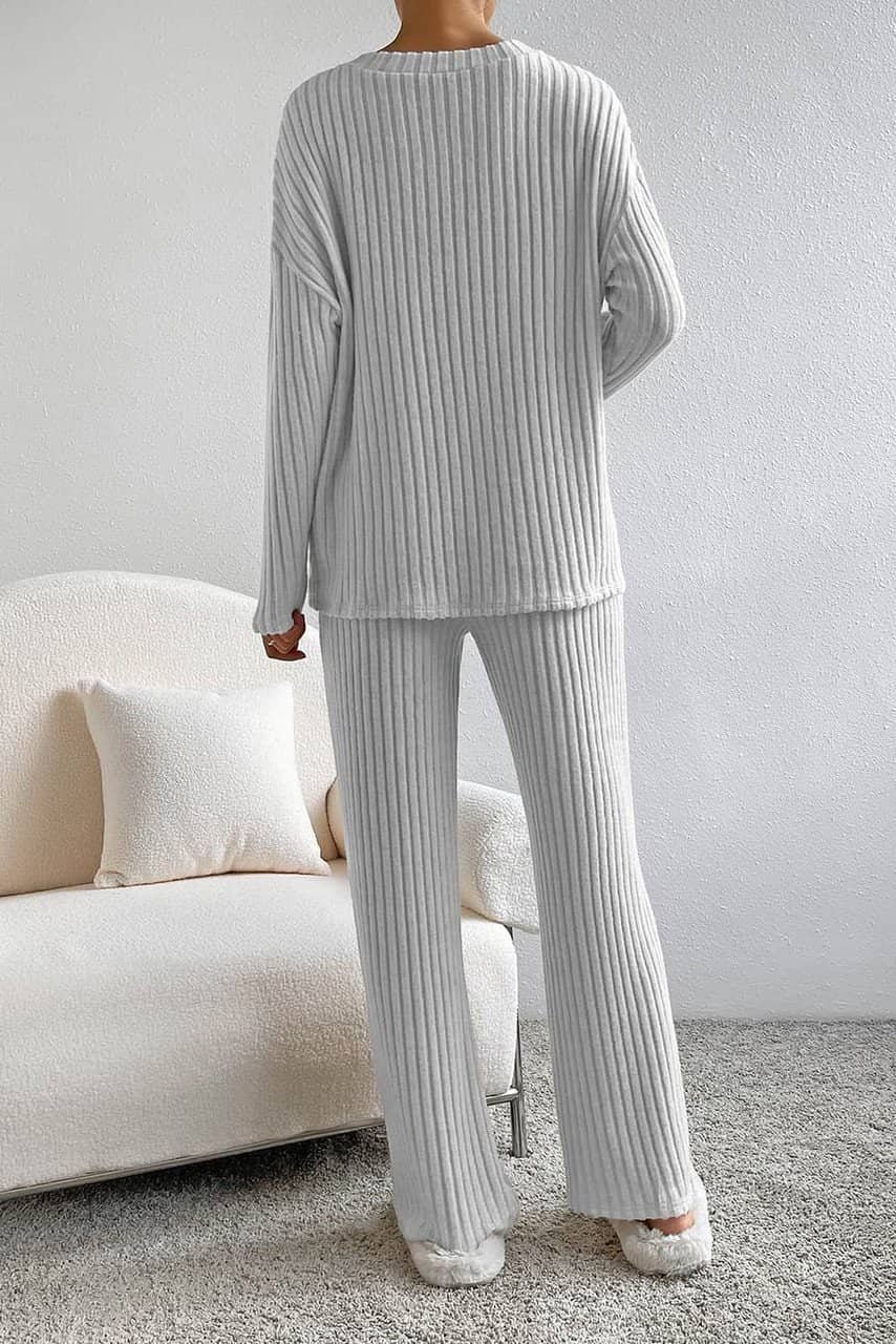 Light Grey Ribbed Knit V Neck Slouchy Two-Piece Outfit