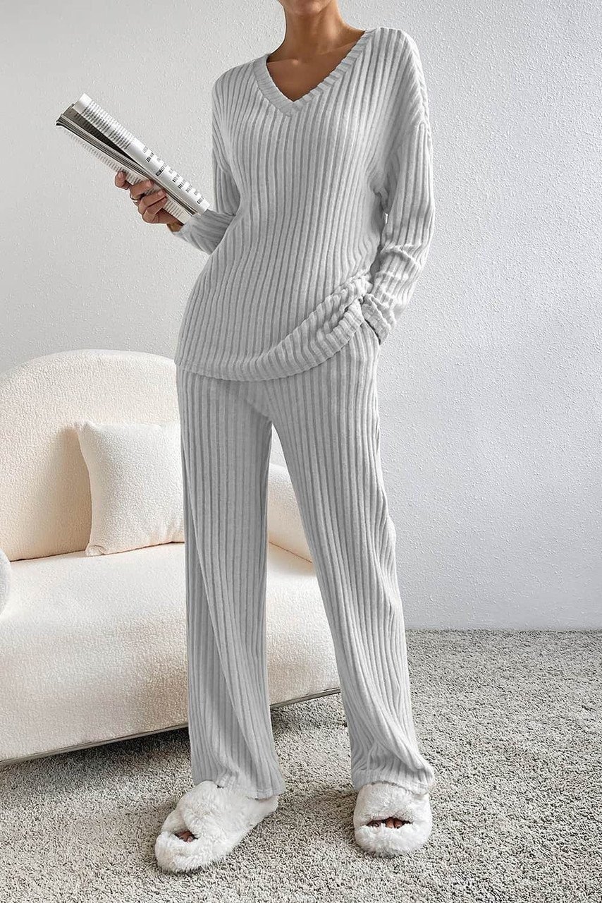 Light Grey Ribbed Knit V Neck Slouchy Two-Piece Outfit