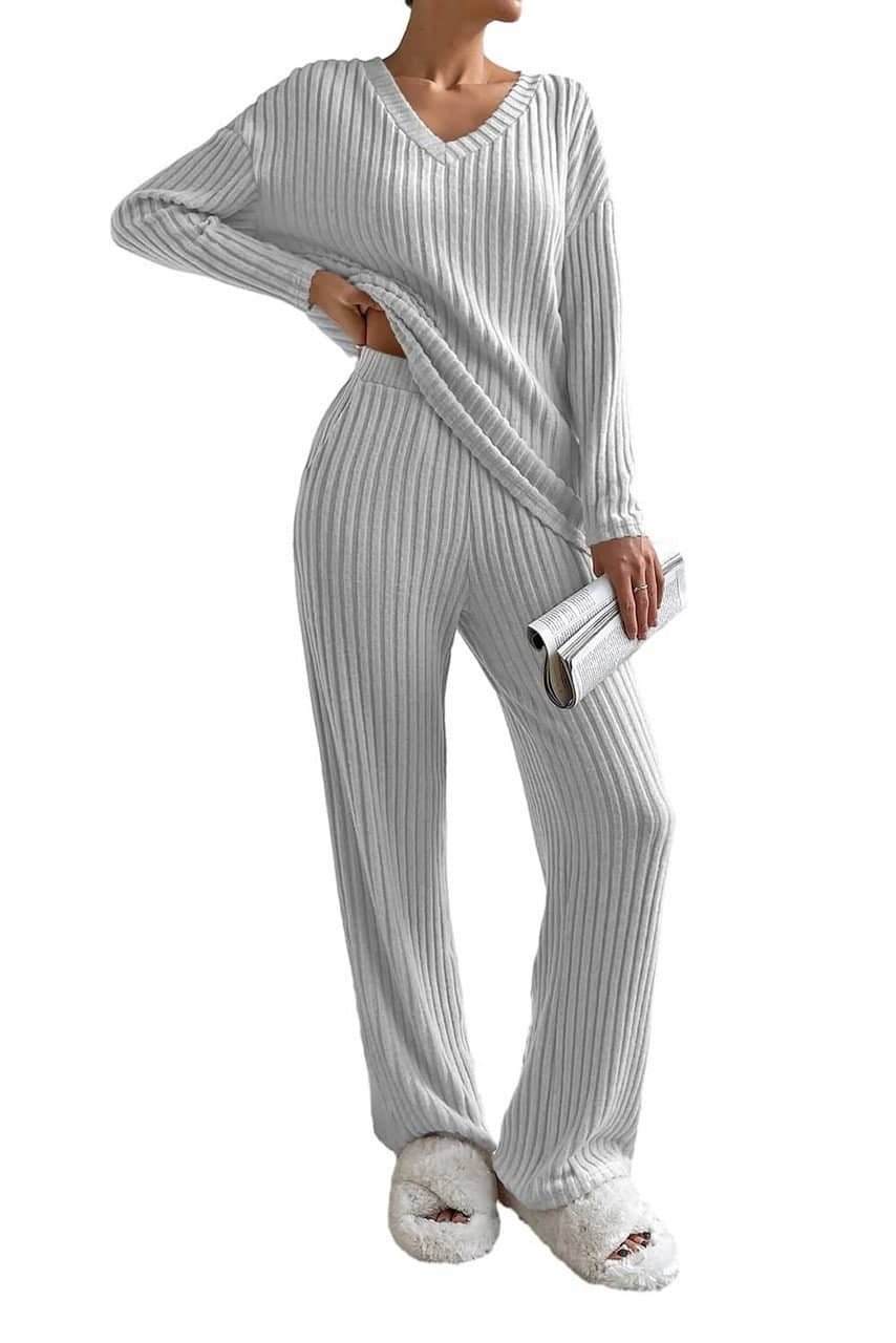 Light Grey Ribbed Knit V Neck Slouchy Two-Piece Outfit