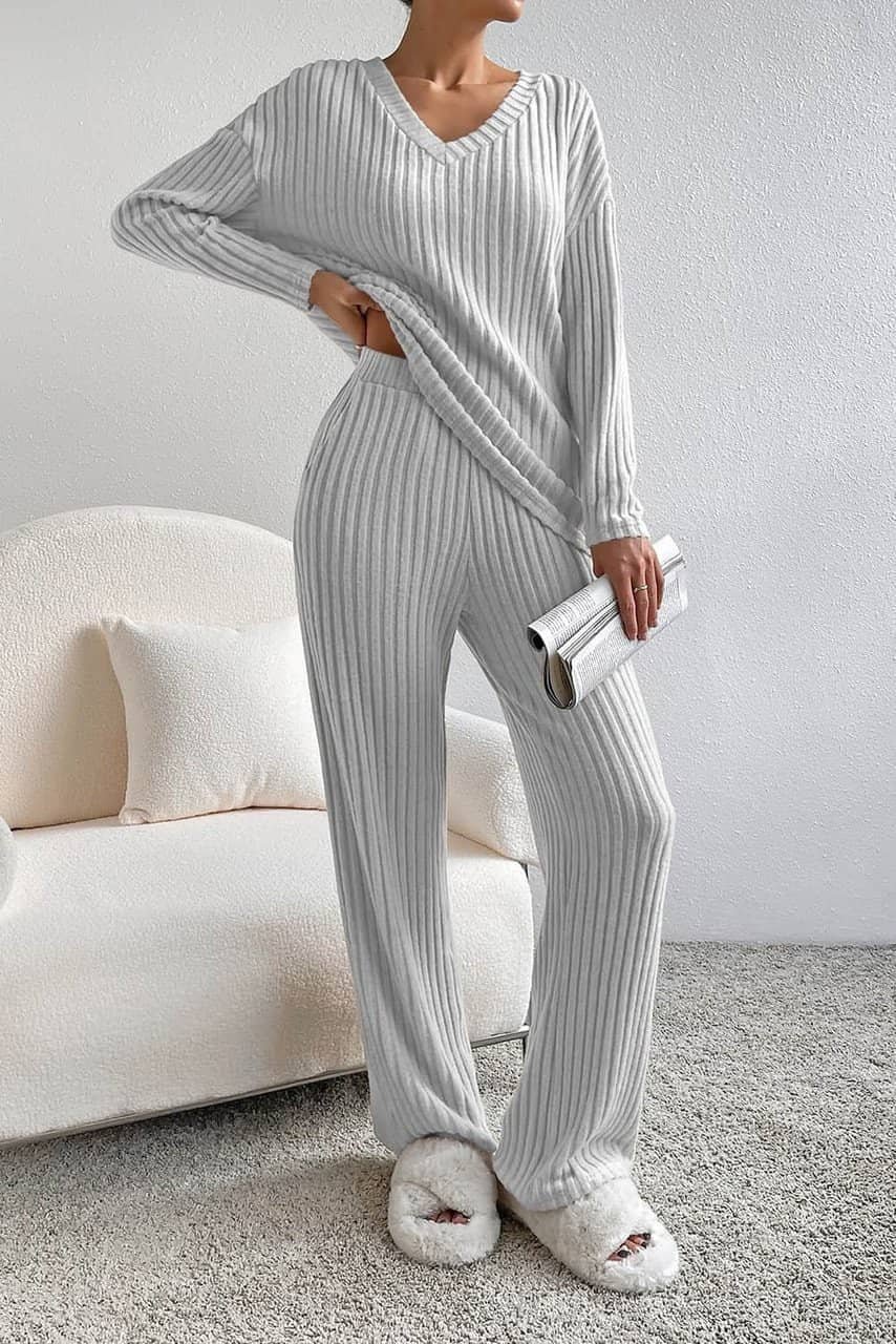 Light Grey Ribbed Knit V Neck Slouchy Two-Piece Outfit