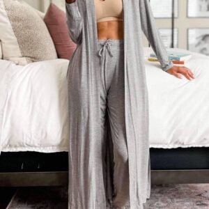 Light Grey Split Long Cardigan And Skinny Pants Lounge Set