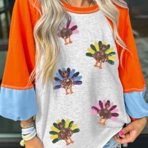 Light Grey Thanksgiving Turkey Sequin Graphic Color Block Long Raglan Sleeve Top
