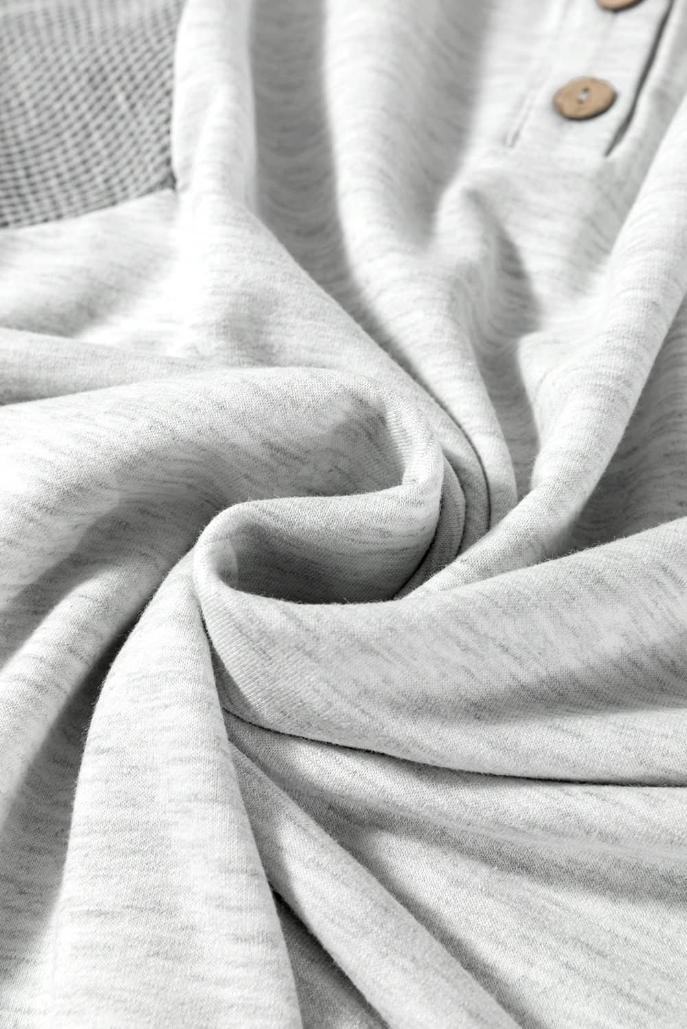 Light Grey Two Tone Contrast Waffle Knit Patched Buttoned V Neck Top