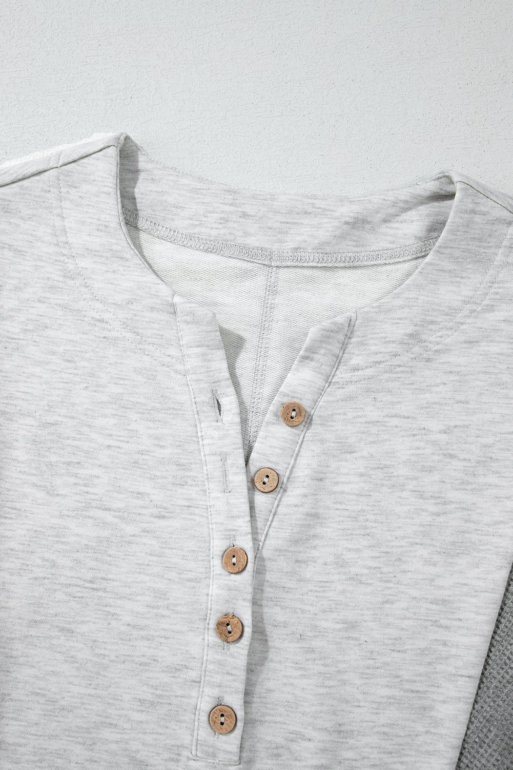 Light Grey Two Tone Contrast Waffle Knit Patched Buttoned V Neck Top