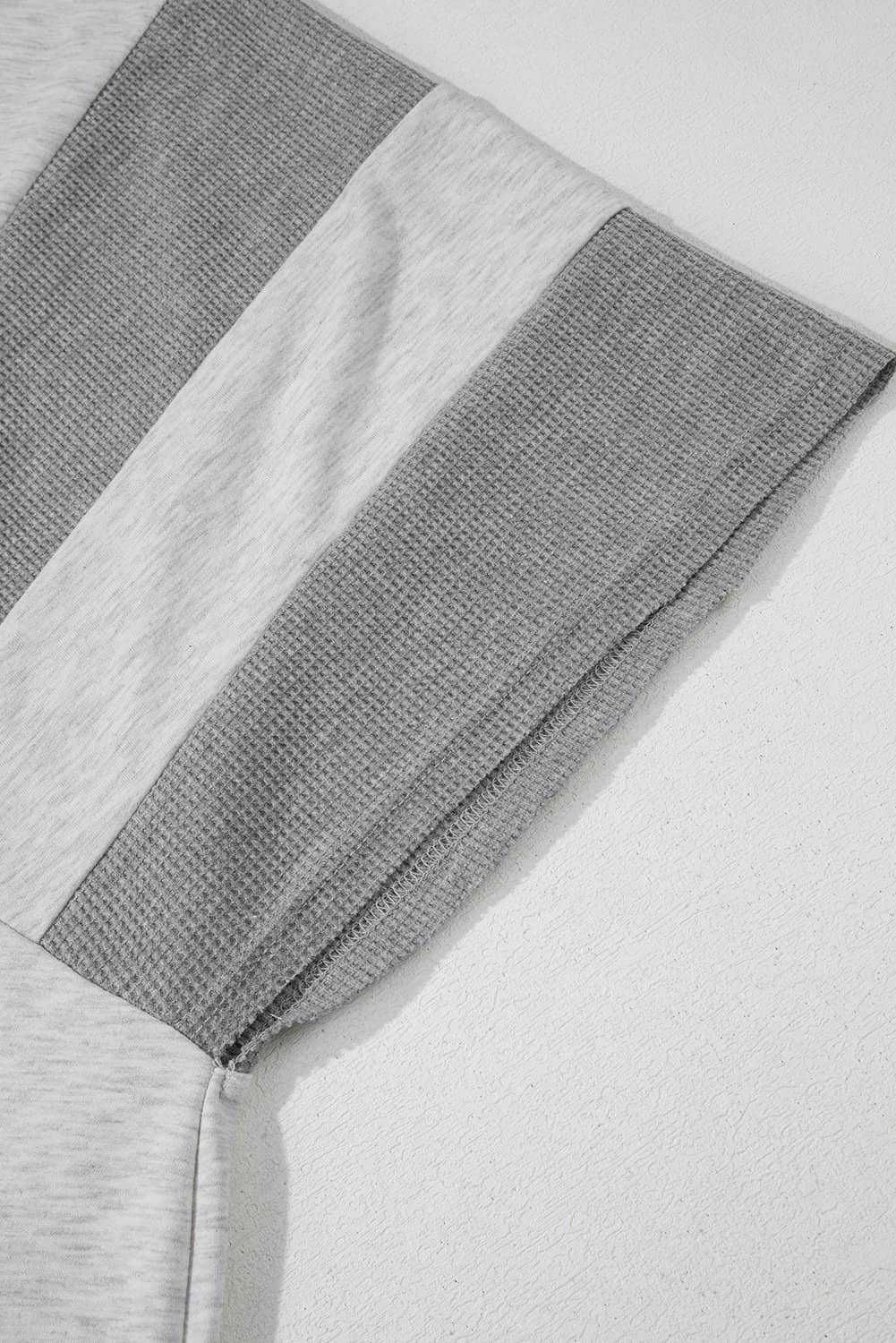 Light Grey Two Tone Contrast Waffle Knit Patched Buttoned V Neck Top