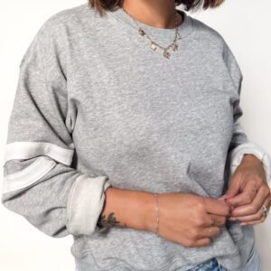 Light Grey Varsity Striped Detail Crew Neck Plus Sweatshirt