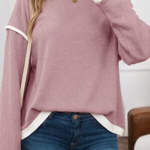 Light Pink Contrast Trim Knitted Drop Shoulder Plus Size Top
