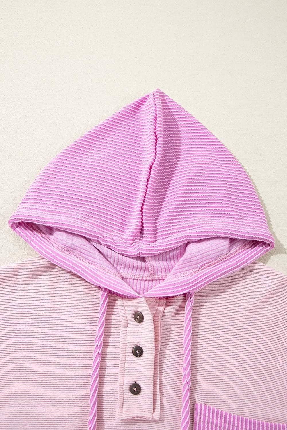 Light Pink Corded Colorblock Patch Pocket Drawstring Hooded Top