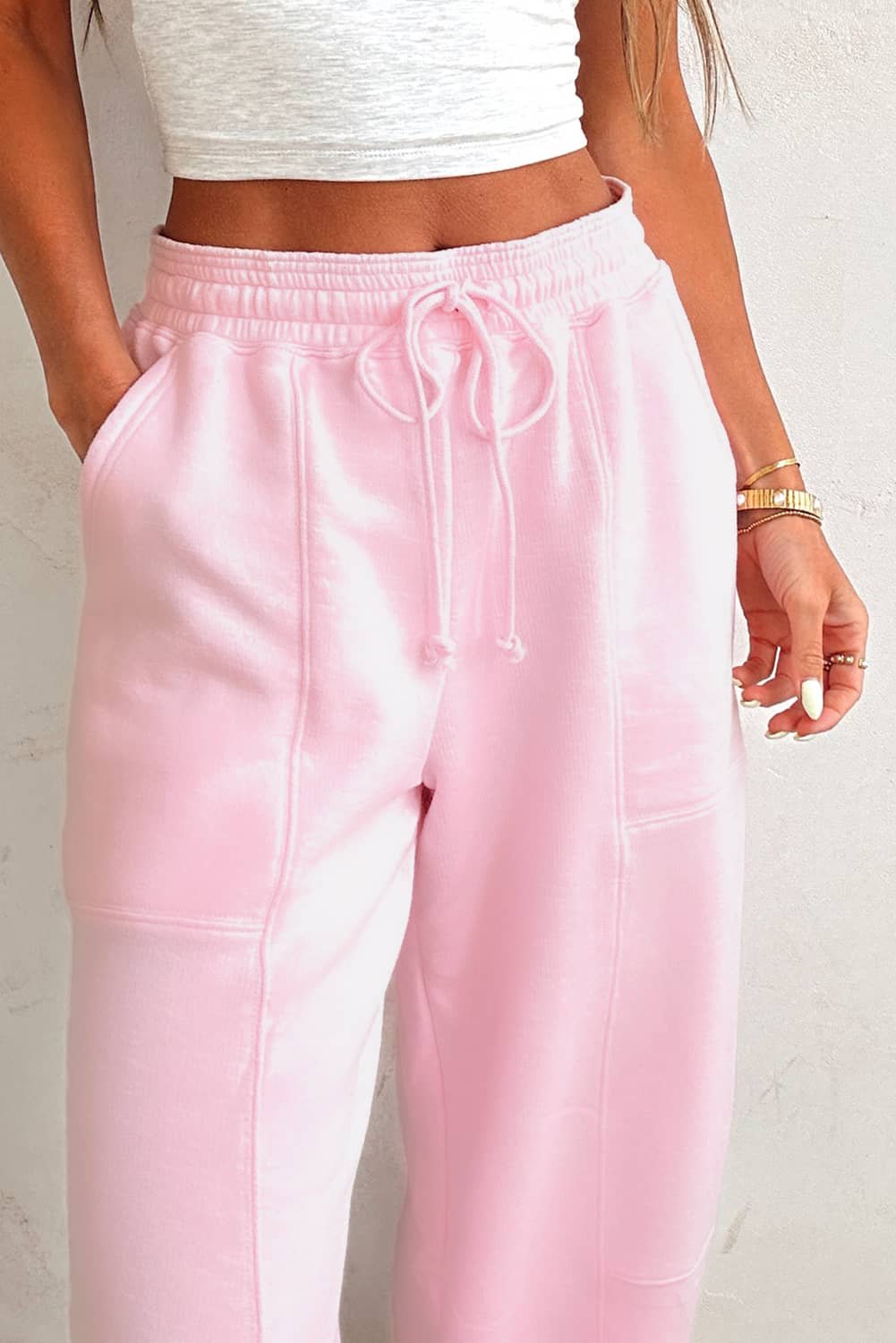 Light Pink Drawstring Waist Patchwork Solid Color Jogger Pants