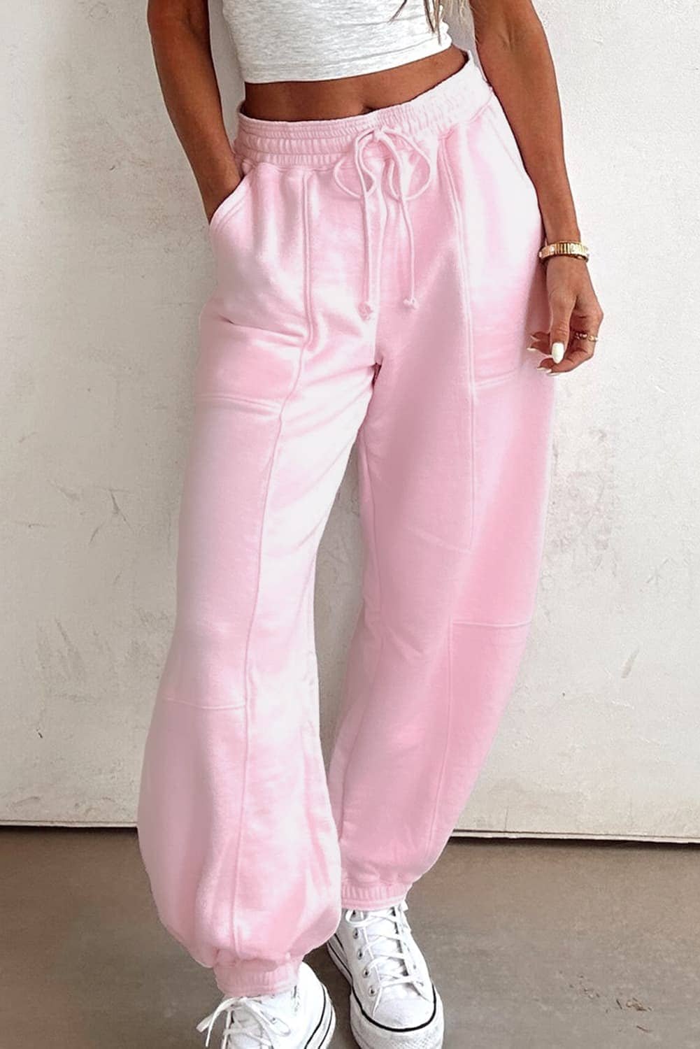 Light Pink Drawstring Waist Patchwork Solid Color Jogger Pants
