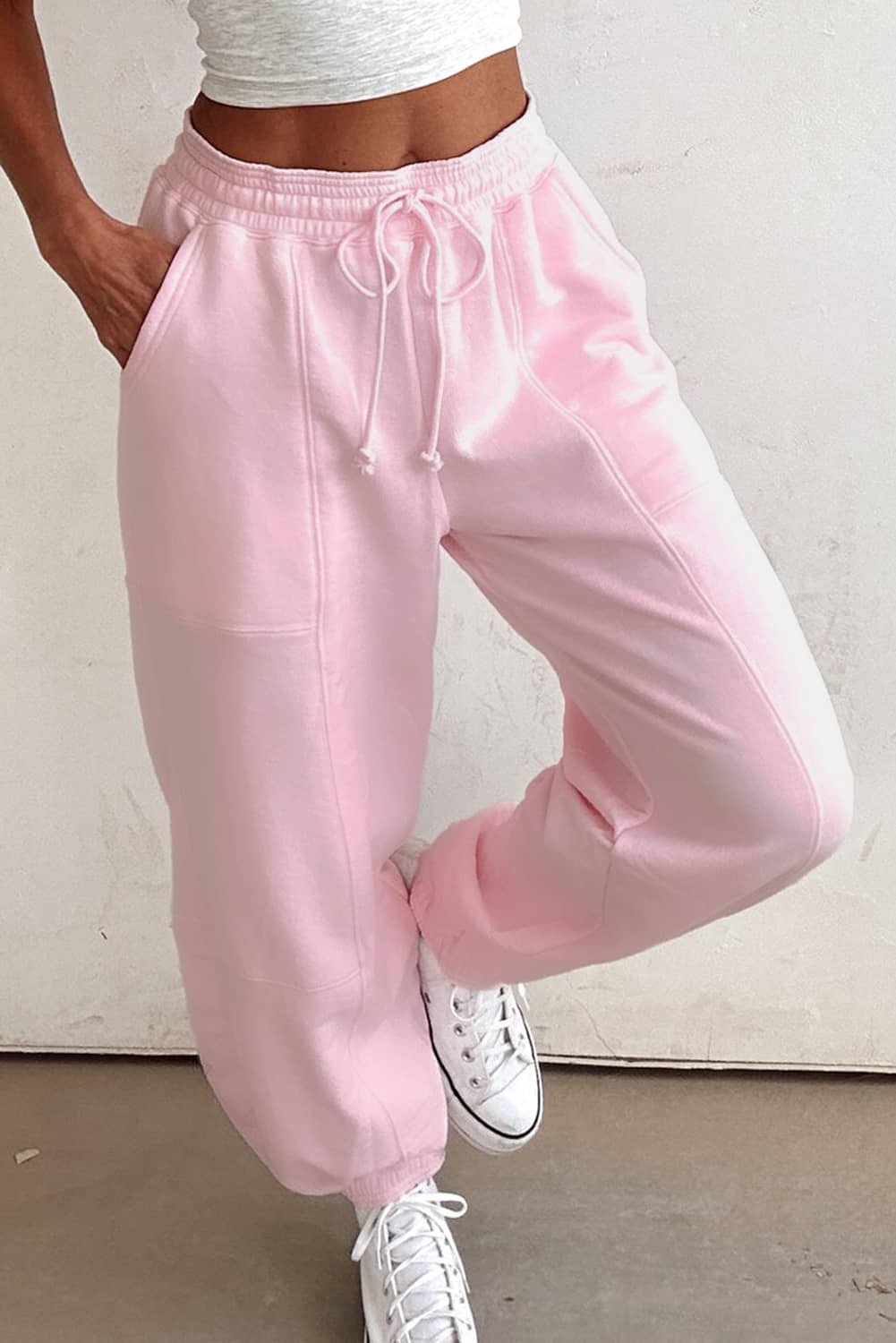 Light Pink Drawstring Waist Patchwork Solid Color Jogger Pants