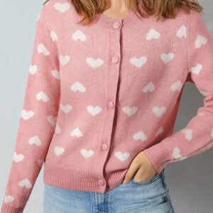 Light Pink Heart Pattern Button Front Cardigan Sweater