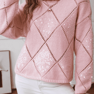 Light Pink Hollowed Rhombus Pattern Sequin Detail Round Neck Sweater
