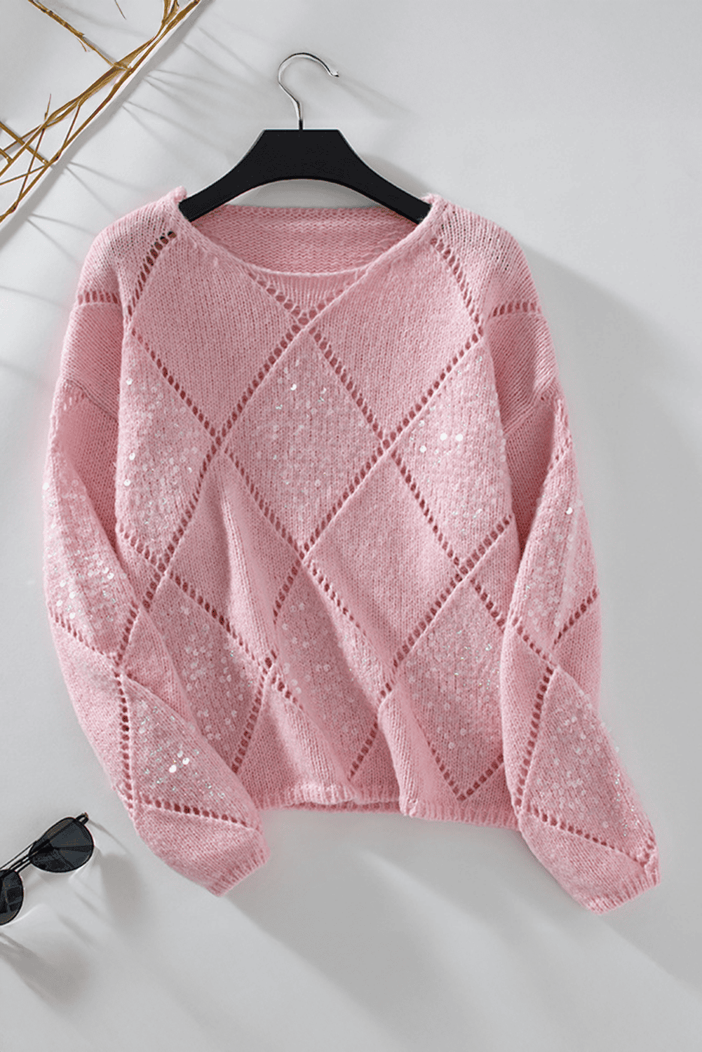 Light Pink Hollowed Rhombus Pattern Sequin Detail Round Neck Sweater