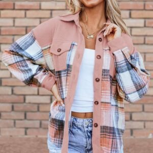 Light Pink Plaid Corduroy Patchwork Chest Pocket Shacket