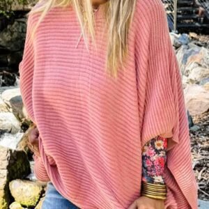 Light Pink Ribbed Knit Half Sleeve Plus Size Poncho Style Sweater