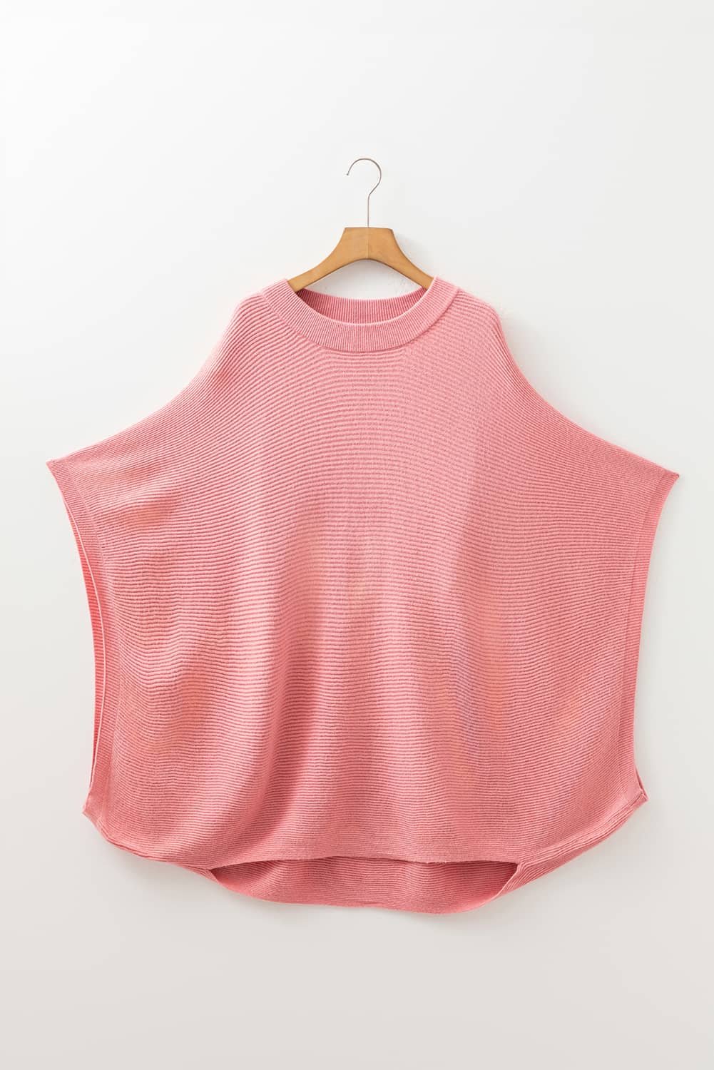 Light Pink Ribbed Knit Half Sleeve Plus Size Poncho Style Sweater