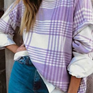Lilac Plaid Print Ribbed Trim Loose Sweater
