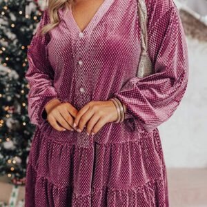 Meadow Mauve Plus Size Textured Velvet Tiered Button V Neck Dress