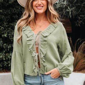 Meadow Mist Green Bow Tie Front Ruffle Trim V Neck Long Sleeve Gauze Blouse