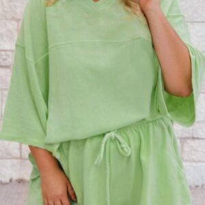Meadow Mist Green Plus Size V Neck Drop Shoulder Tee Loose Shorts 2Pcs Outfit