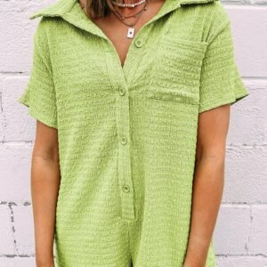 Meadow Mist Green Textured Short Sleeve Patched Pocket Buttoned Shirt Romper