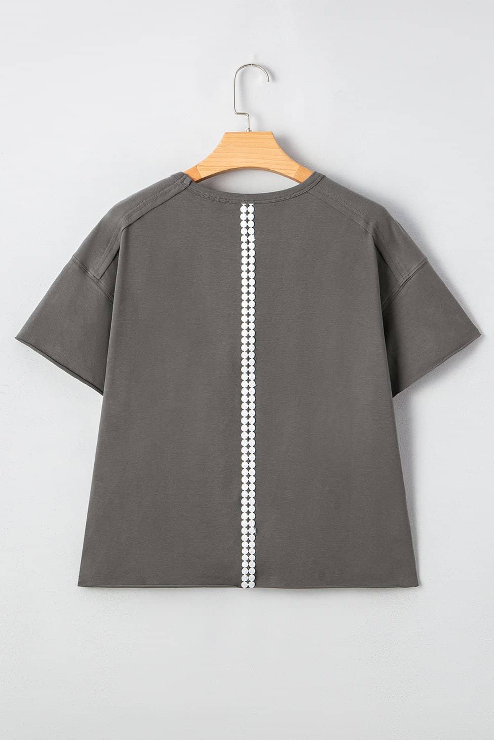 Medium Grey Lace Bow Raw Edge Drop Shoulder Casual T Shirt