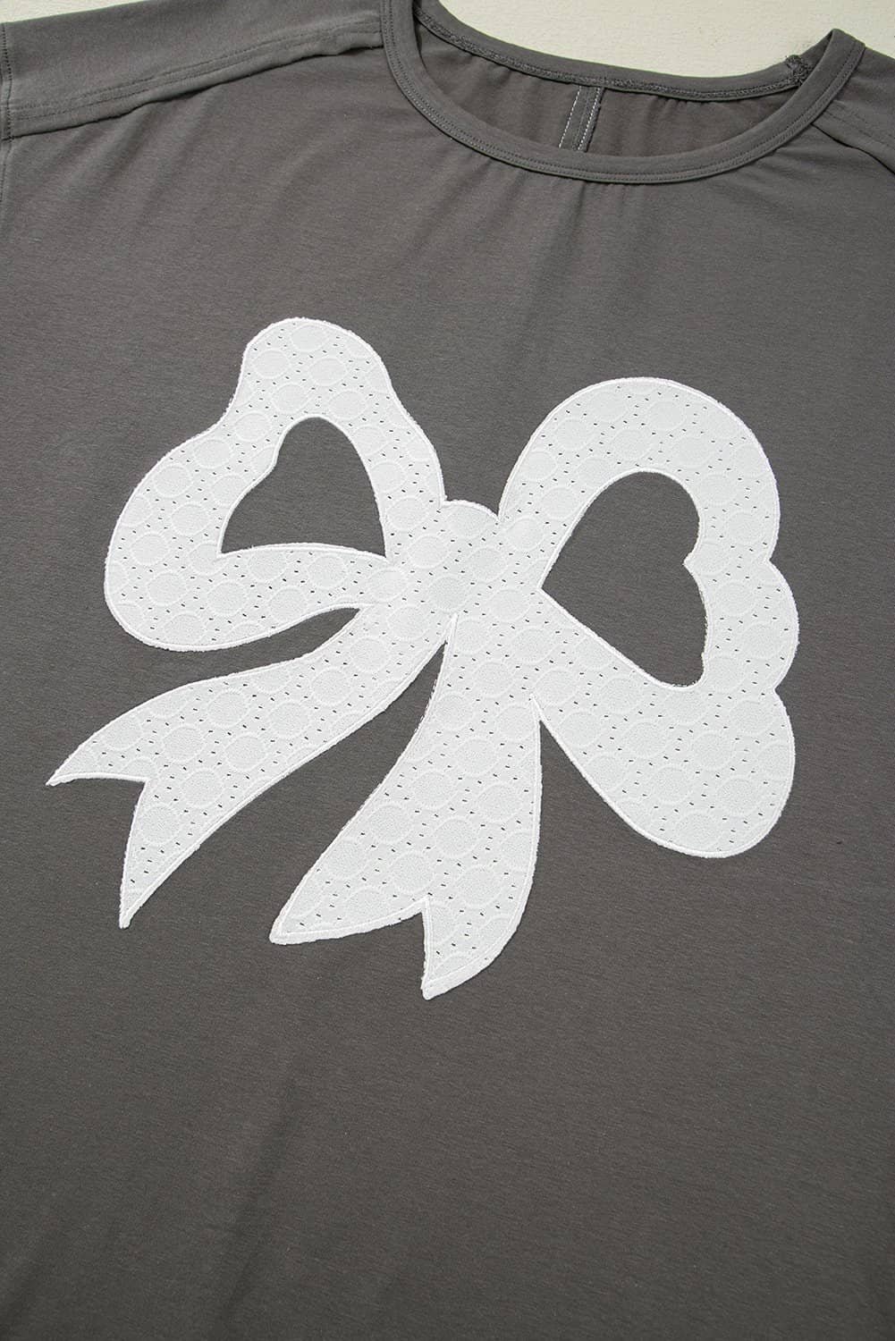 Medium Grey Lace Bow Raw Edge Drop Shoulder Casual T Shirt