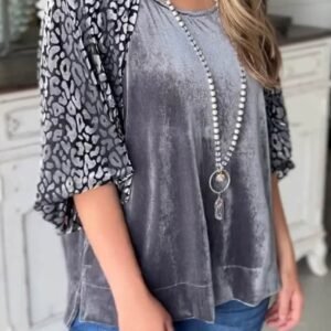 Medium Grey Leopard Splicing Lantern Sleeve Velvet Blouse