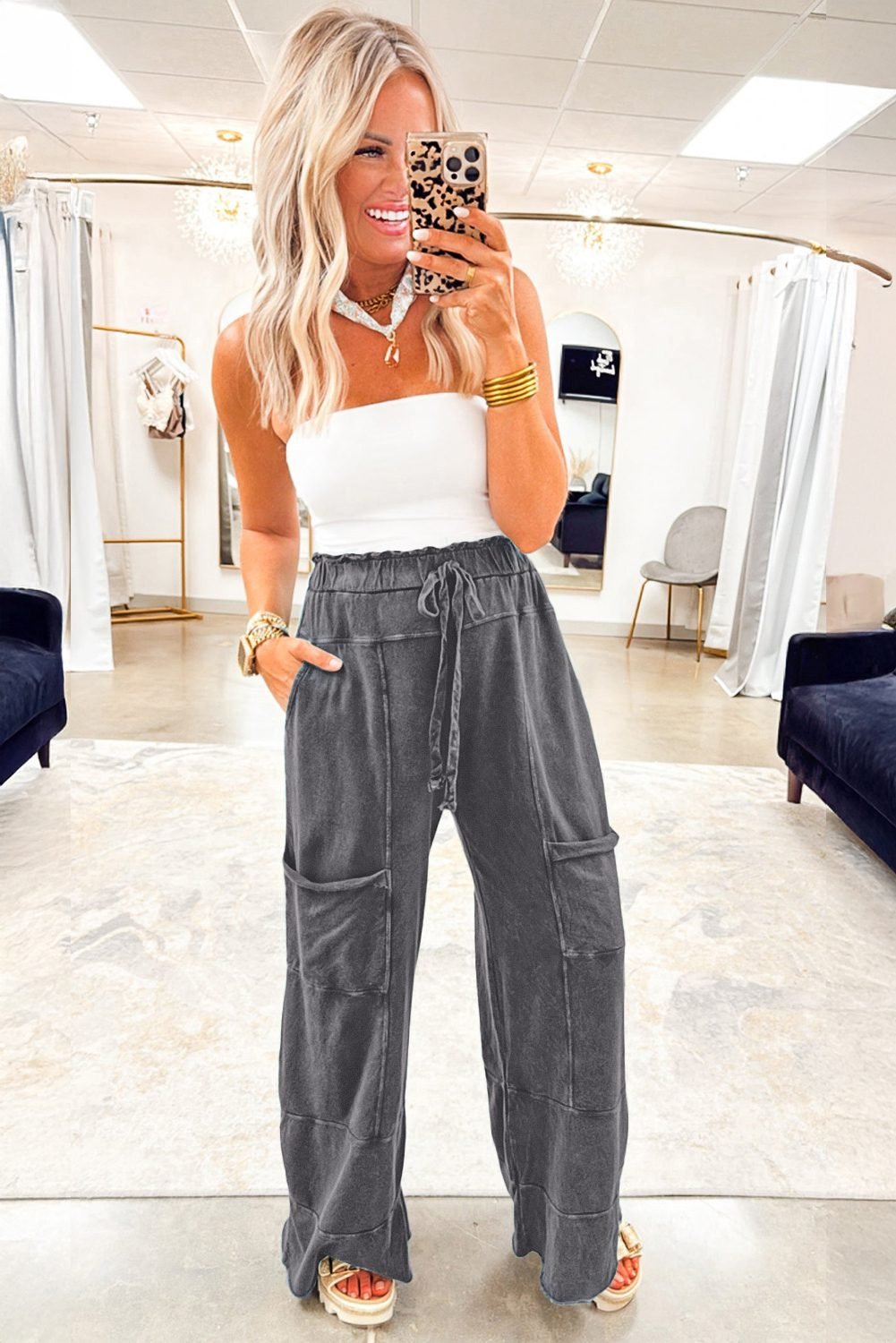 Medium Grey Mineral Wash Lace-Up High Waist Raw Hem Patched Pocket Pants