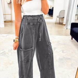 Medium Grey Mineral Wash Lace-Up High Waist Raw Hem Patched Pocket Pants
