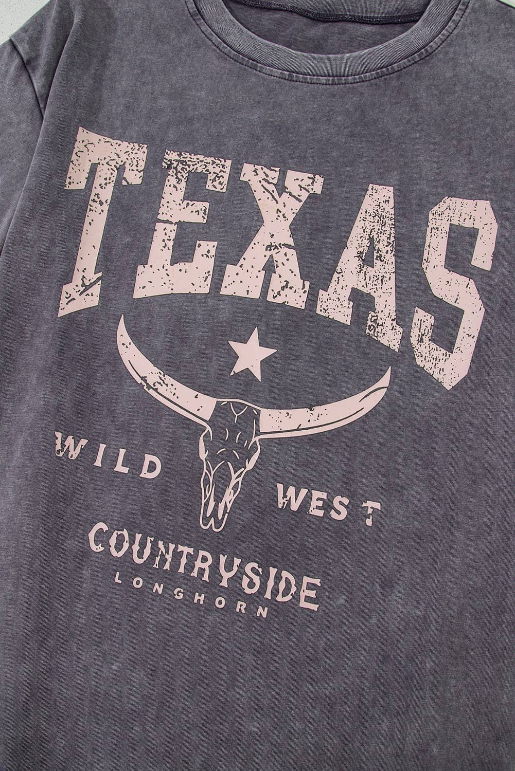 Medium Grey Texas Steer Head Graphic Mineral Wash Oversized T Shirt