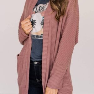 Mineral Red Solid Color Waffle Knit Cardigan With Pocket