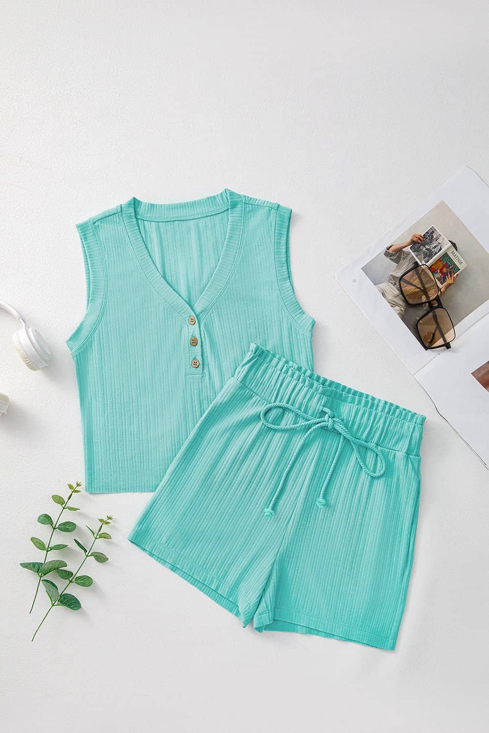 Mint Green Ribbed Button V Neck Tank Top And Shorts Set